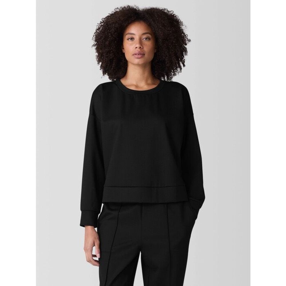 Eileen Fisher $168 Lightweight Ponte Round Neck Sweatshirt Top black XS NWOT